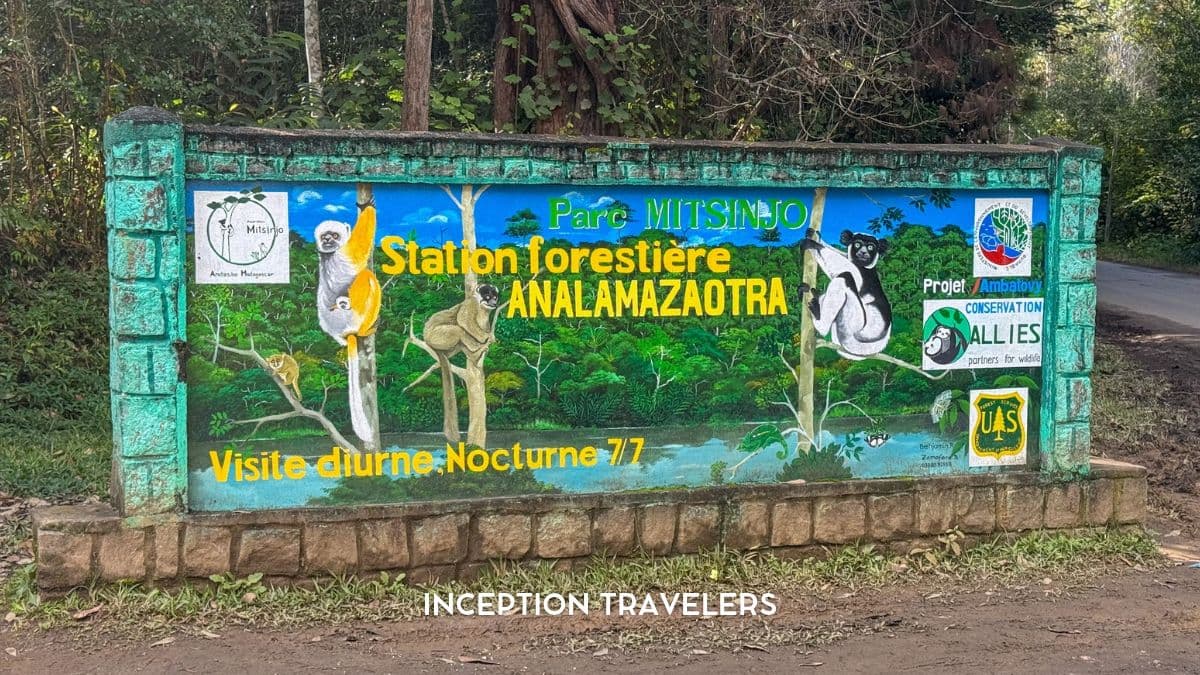 Painted lemur mural on the entrance wall of the Analamazaotra forest station at Parc Mitsinjo, Andasibe