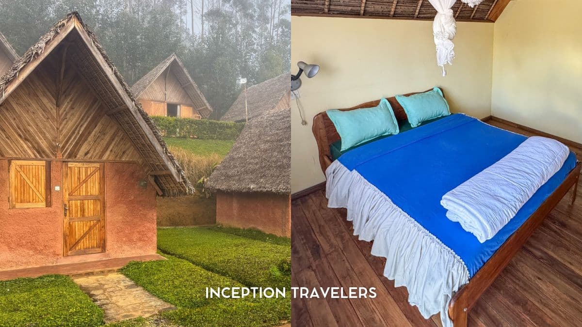Thatched eco-lodge bungalows in the morning mist and, inside, a wooden double bed under a mosquito net