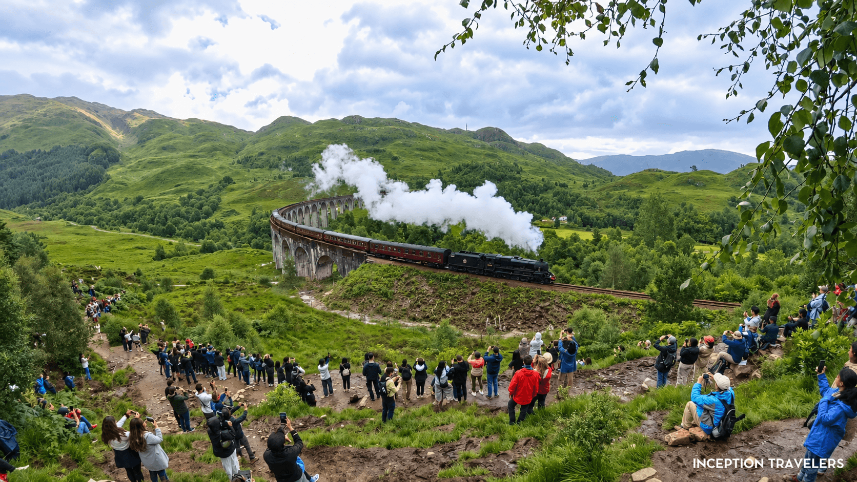 Jacobite steam train crossing the Glenfinnan Viaduct, watched by crowds on the hillside