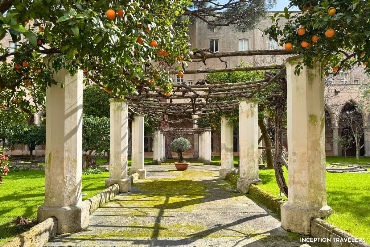 Pergola walkway between stone columns shaded by orange trees heavy with fruit in the Santa Chiara cloister garden