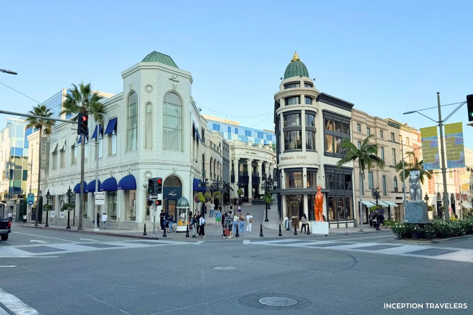 Rodeo Drive corner with the domed Stefano Ricci building at the foot of pedestrian Via Rodeo